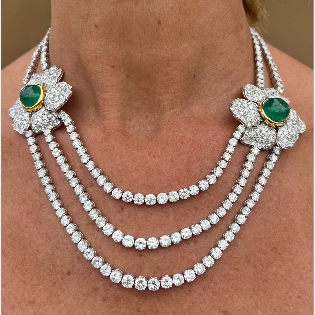 Platinum & 18K Yellow Gold Diamond and Emerald Flower Necklace