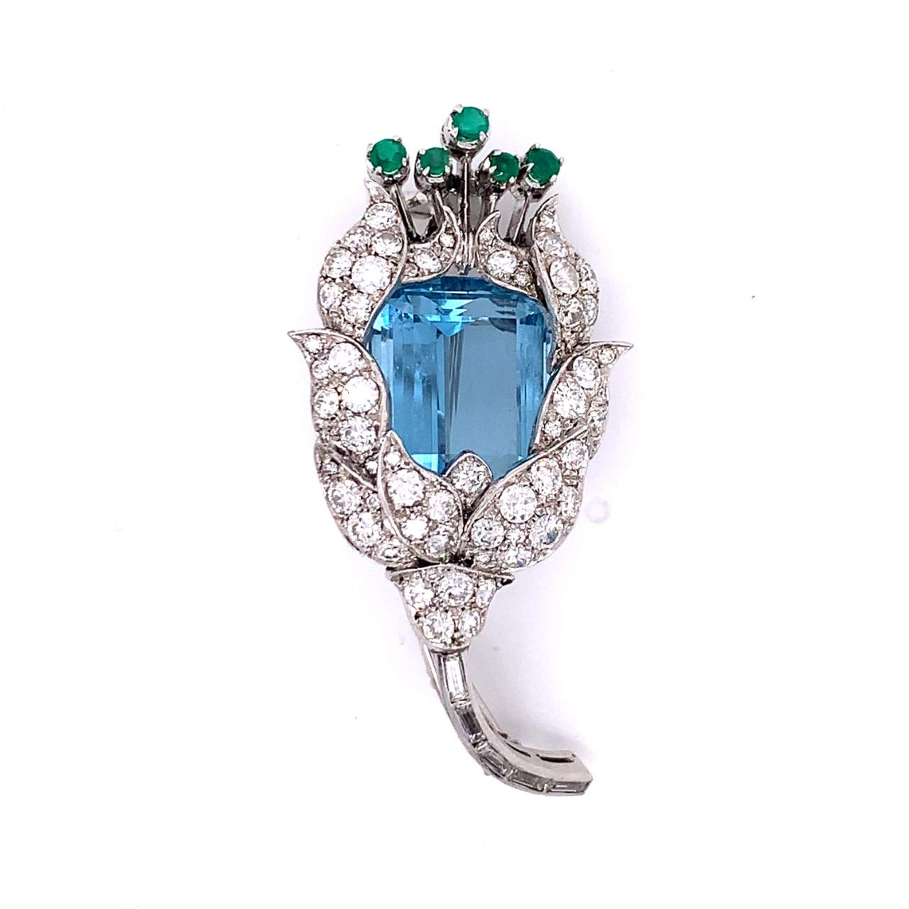 Platinum Aquamarine, Emerald, and Diamond Brooch