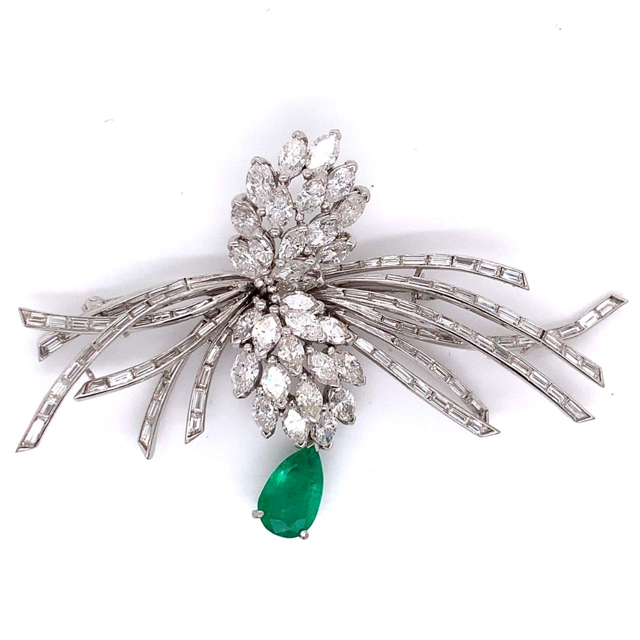 Vintage Platinum Diamond and Emerald Brooch