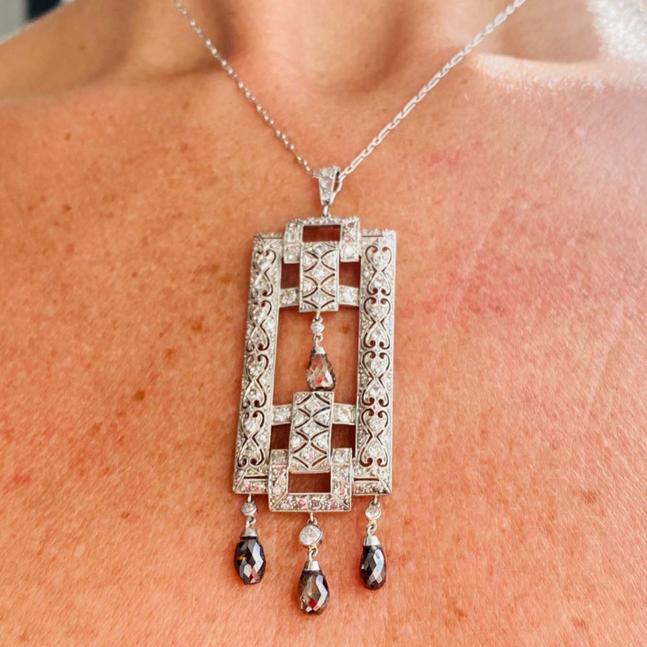 Art Deco Platinum Diamond Pendant and Chain