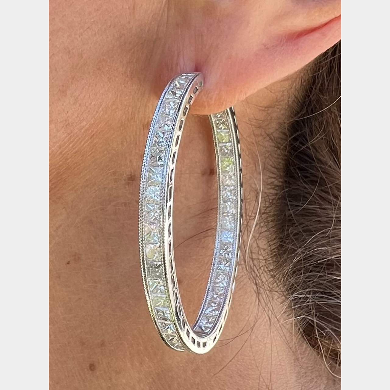 18K White Gold 12.76 Ct. Channel Set Diamond Hoop Earrings