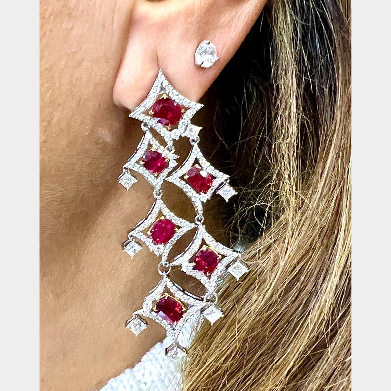 18K White Gold Certified Burma Ruby & Diamond Earrings