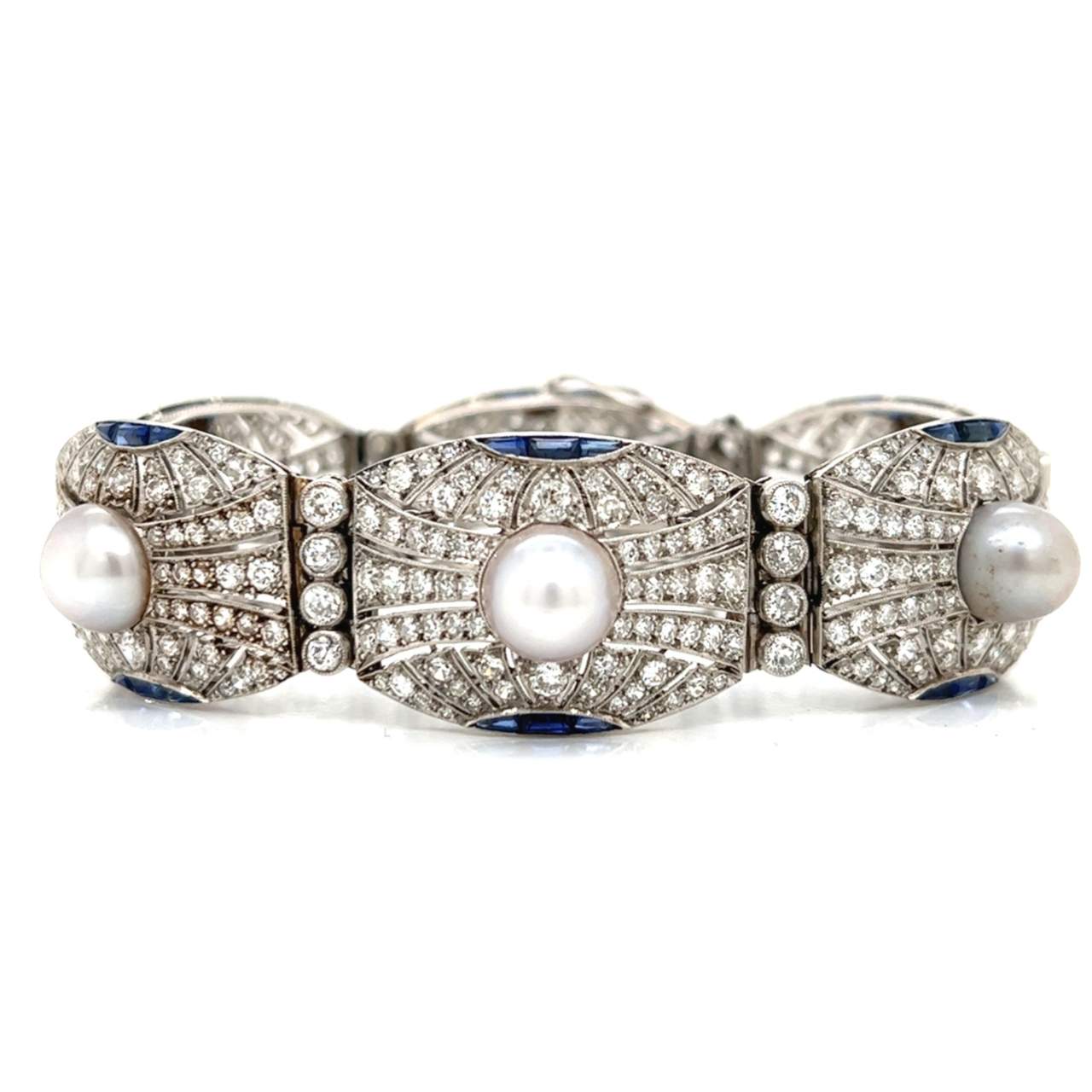 Incredible Art Deco Platinum Diamond, Natural Pearl, and Sapphire Bracelet