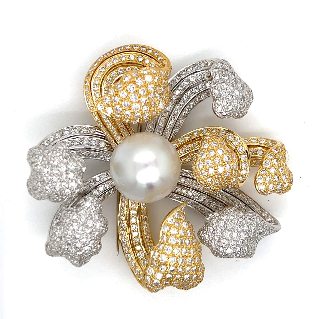 18K Yellow & White Gold South Sea Pearl and Diamond Brooch