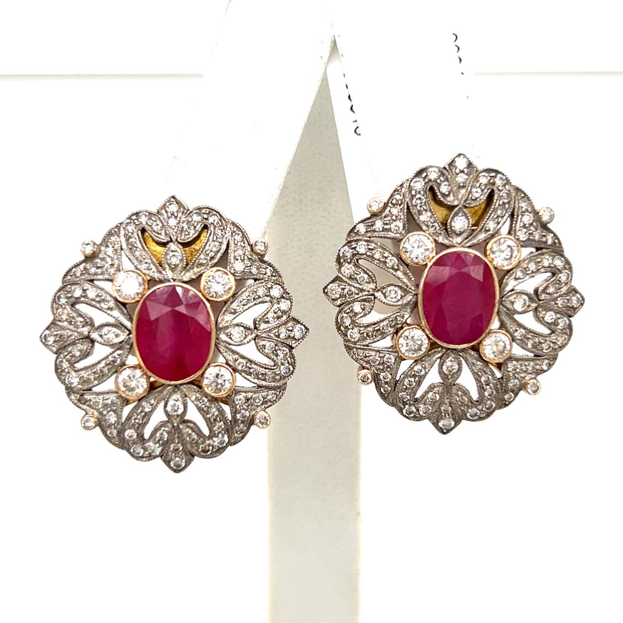 18K Yellow Gold & Silver Diamond and Ruby Earrings