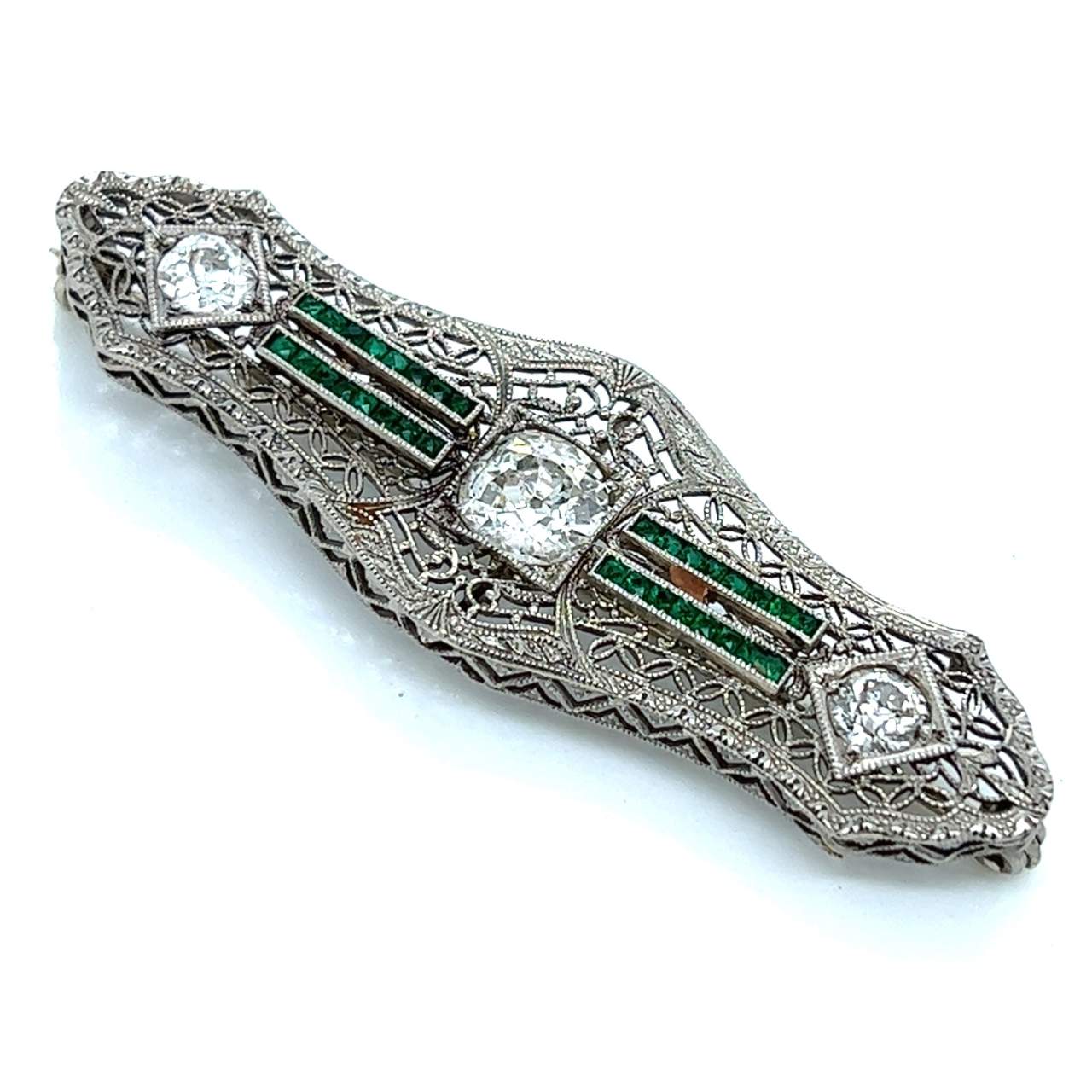1950’s 14K White Gold Filigree Diamond & Emerald Brooch