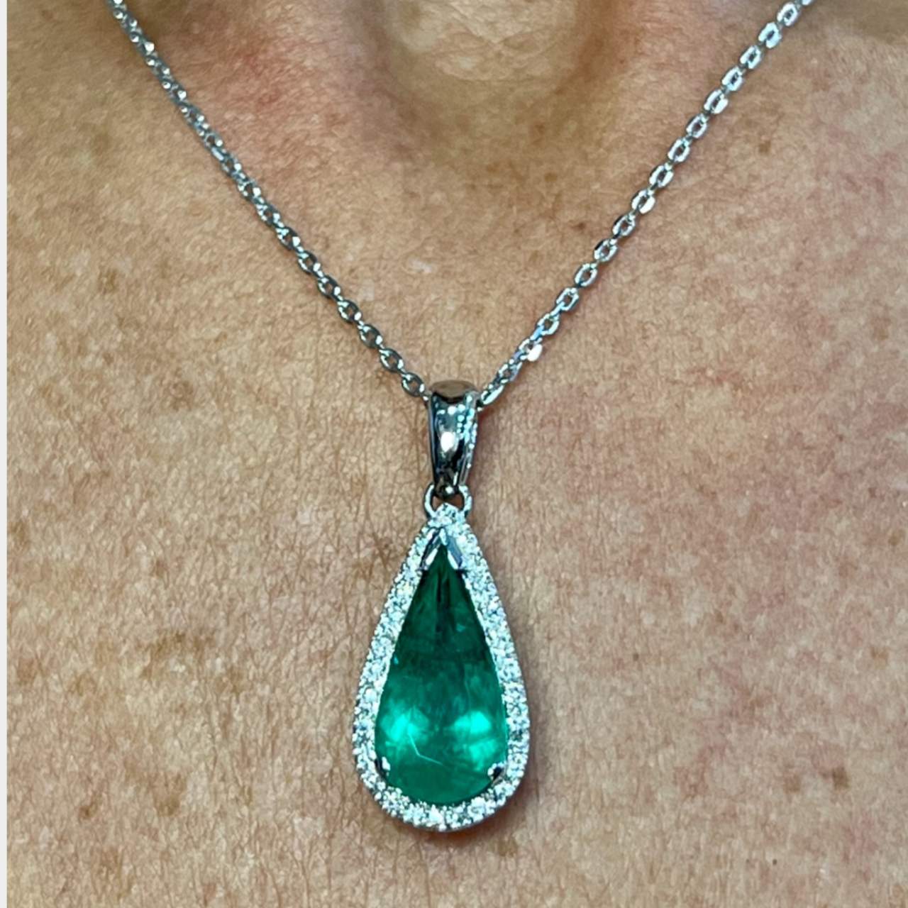 IGI Certified Platinum Emerald Pendant w/ 14K White Gold Chain
