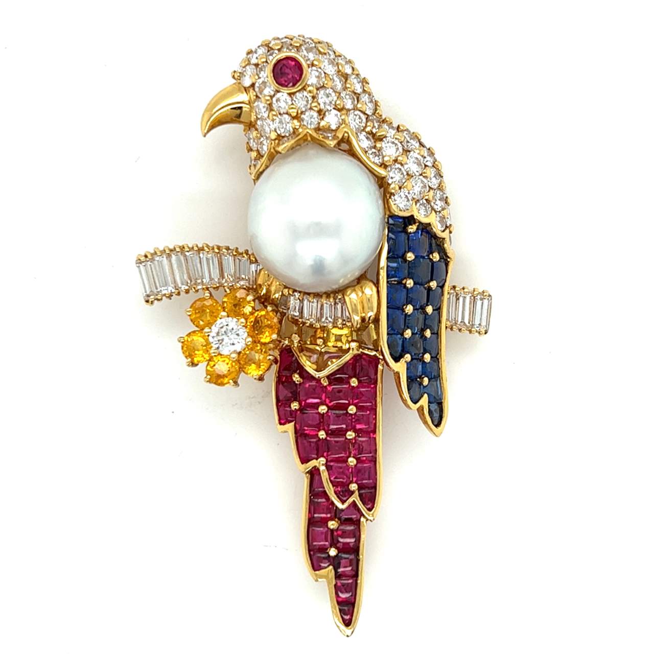 18K Yellow Gold Diamond, Ruby, and Sapphire Bird Brooch