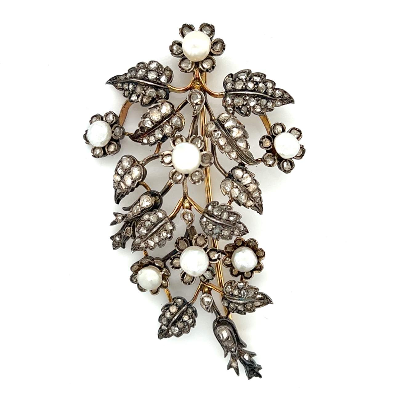 Victorian 18K & Silver Diamond and Natural Pearl Brooch