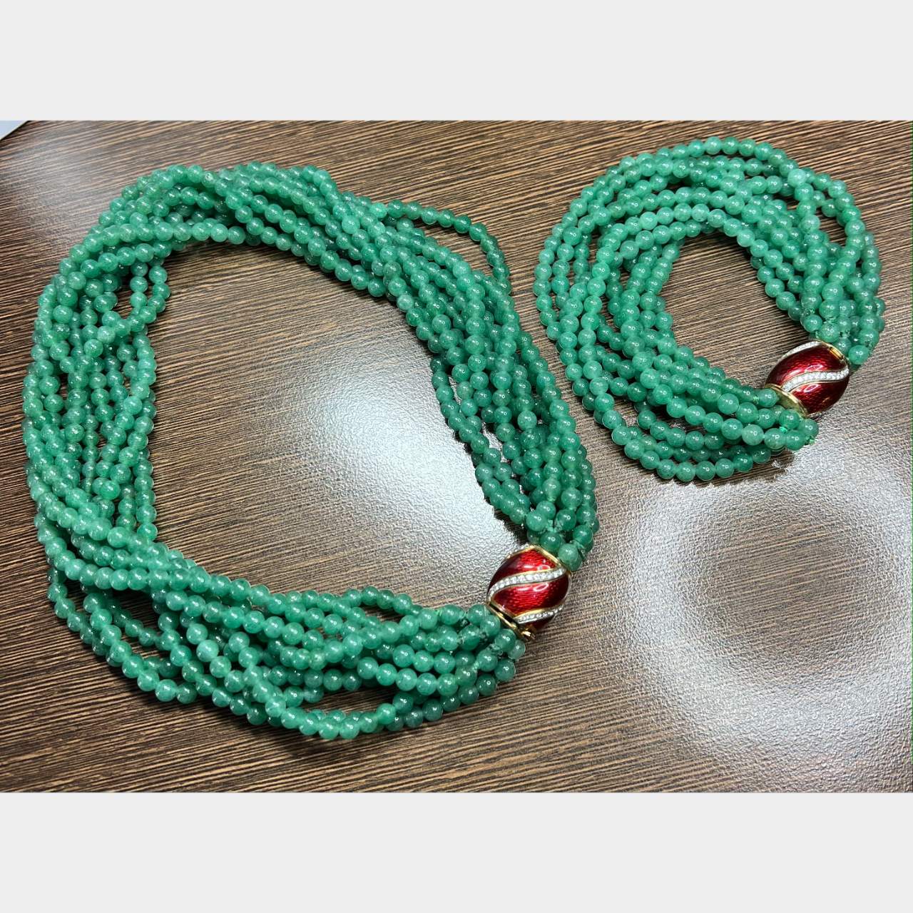 18K Yellow Gold Green Bead Diamond Necklace & Bracelet Set