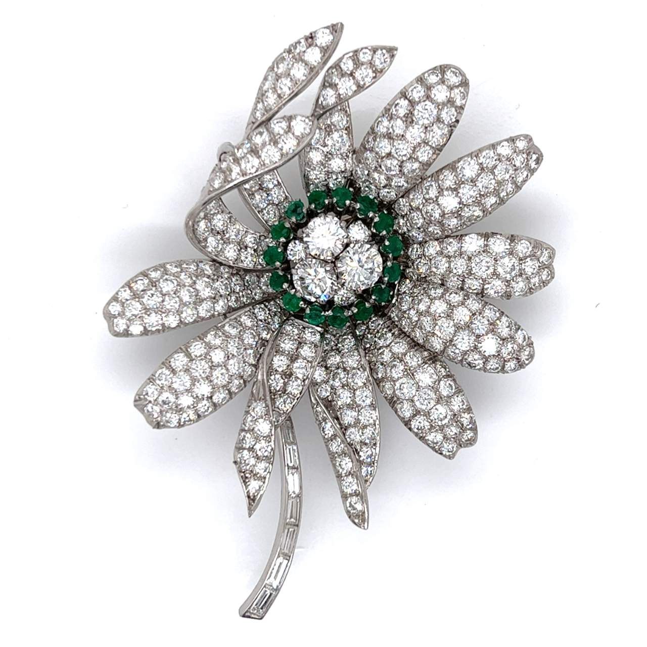 Platinum Diamond & Emerald Flower Brooch