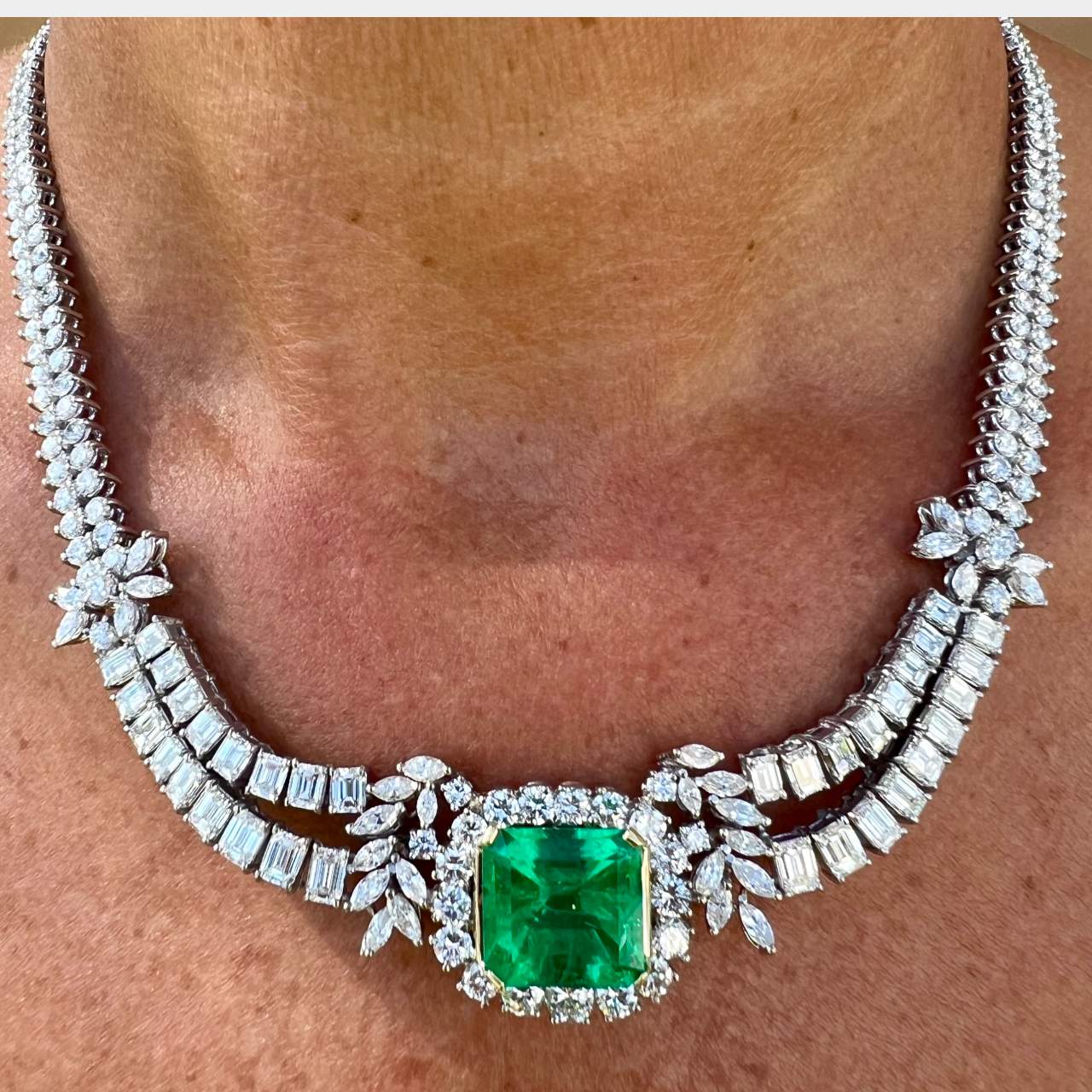 1950’s 18K White Gold Gubelin Certified Colombian Emerald & Diamond Necklace
