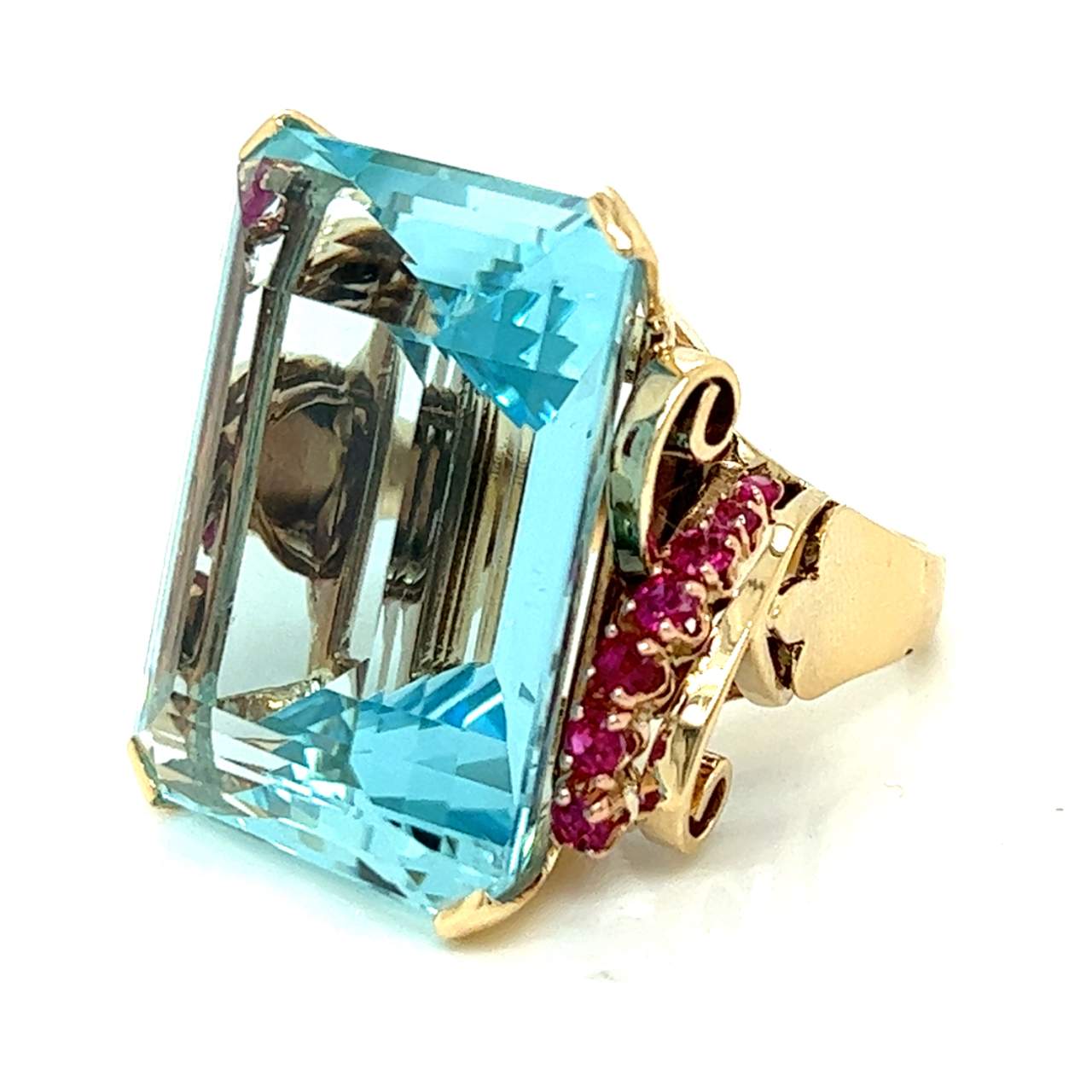 Retro 14K Yellow Gold 65.88 Ct. Aquamarine & Ruby Ring