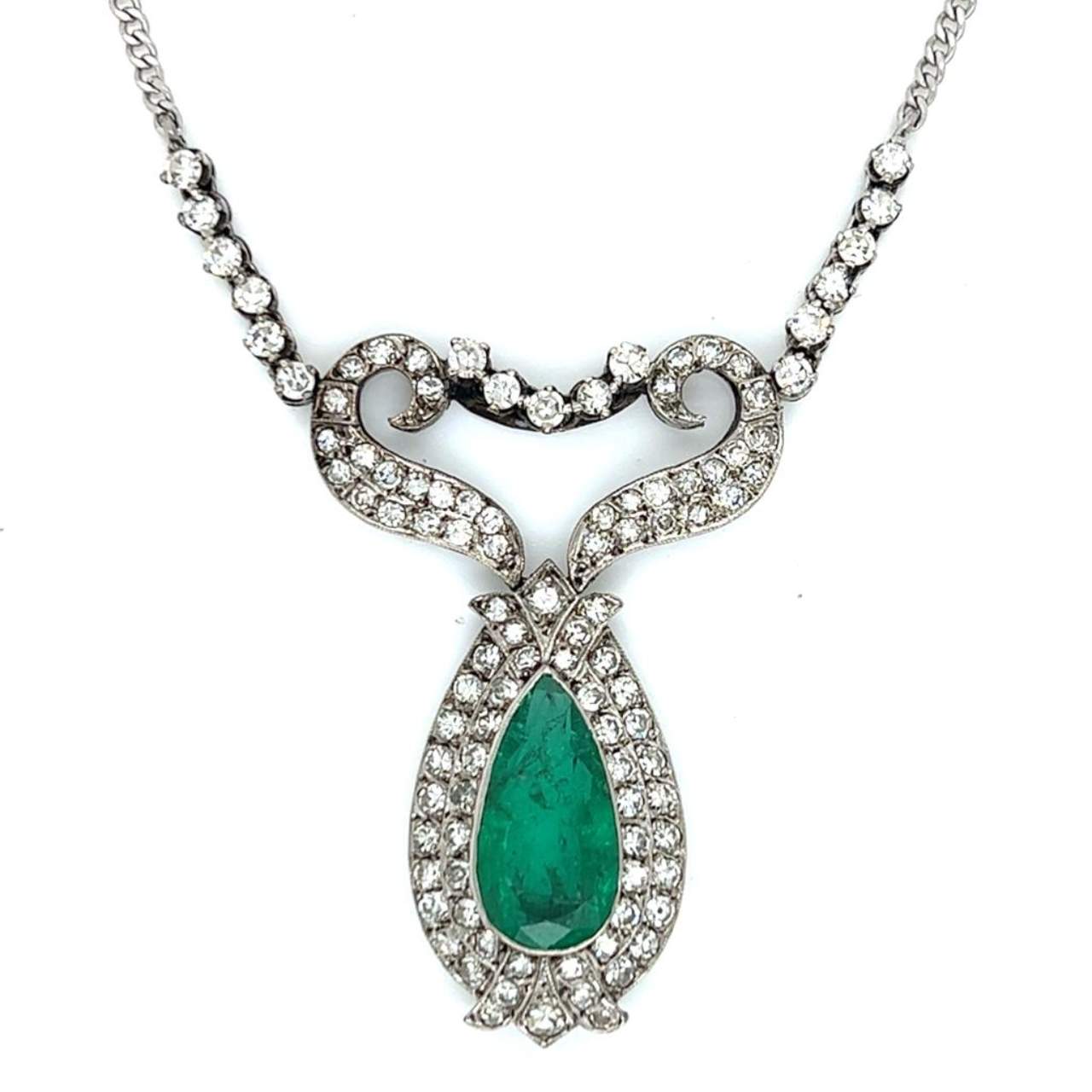 18K White Gold GIA Certified Colombian Emerald & Diamond Necklace