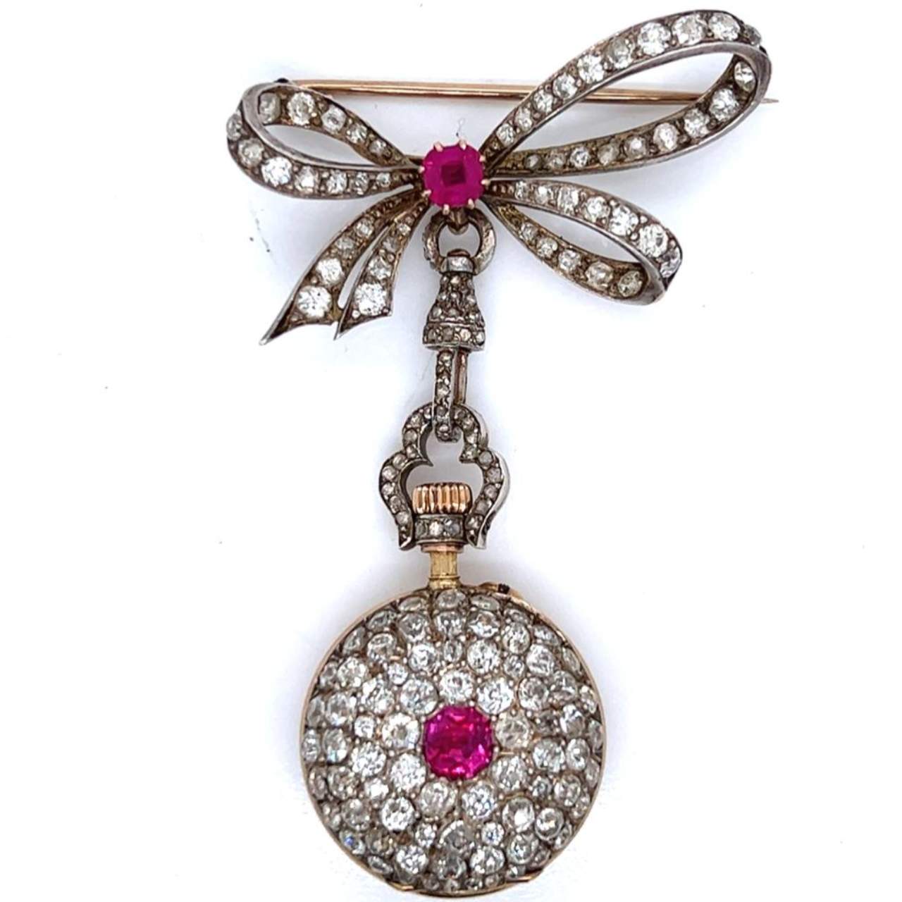 Antique PAUL DITISCHERM Platinum & 18K Diamond and Ruby Watch Brooch