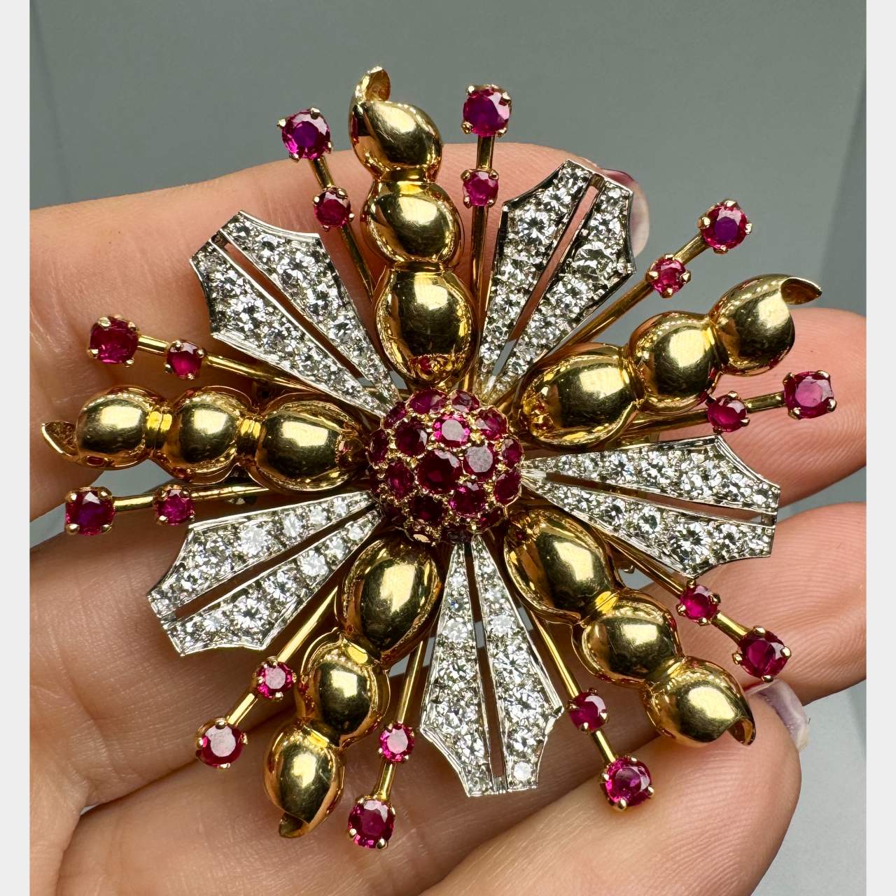 Retro 14K Yellow Gold Burma Ruby & Diamond Brooch