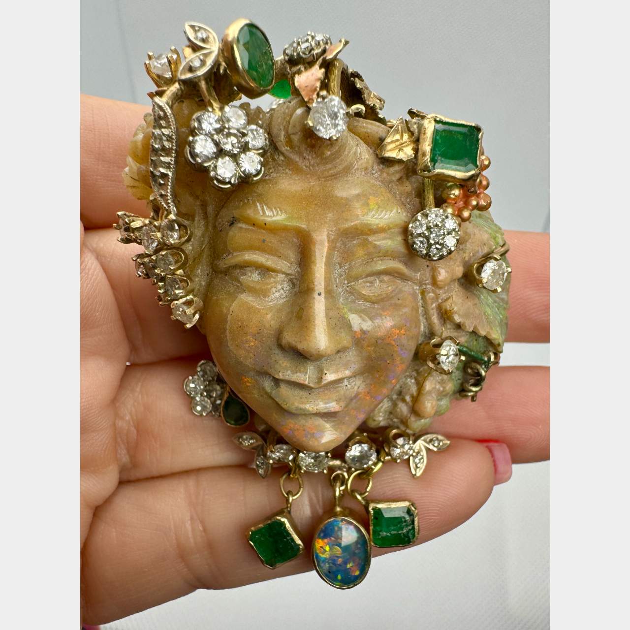 14K Yellow Gold Carved Opal Diamond & Emerald Brooch