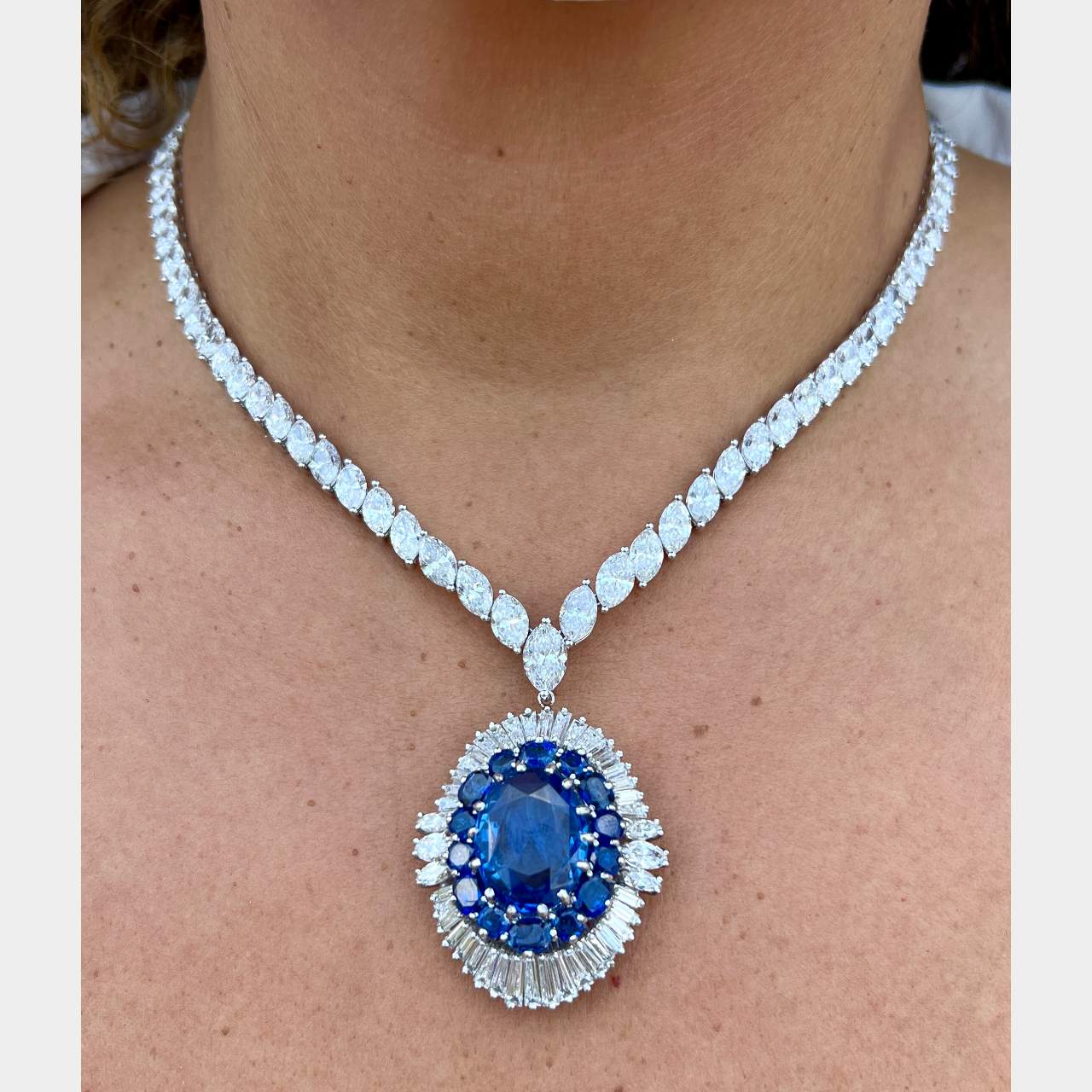Platinum GUBELIN Certified Burma Sapphire Pendant & Diamond Necklace