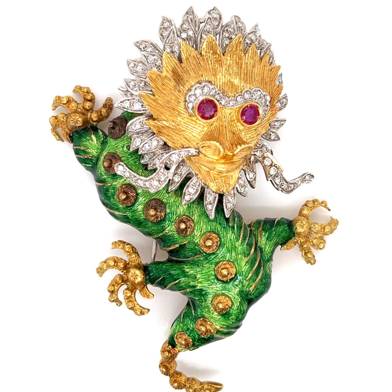 18K Yellow Gold Diamond & Ruby Chinese Dragon Brooch