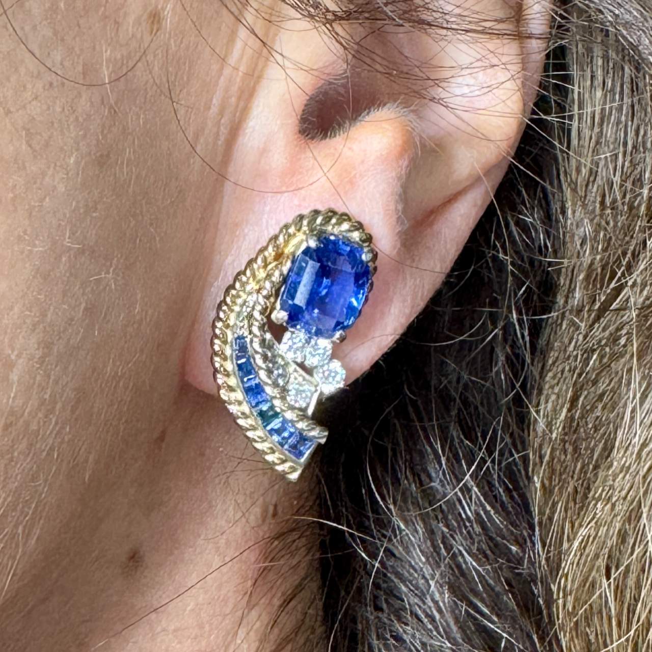 1960’s 14K Yellow Gold Sapphire & Diamond Earrings