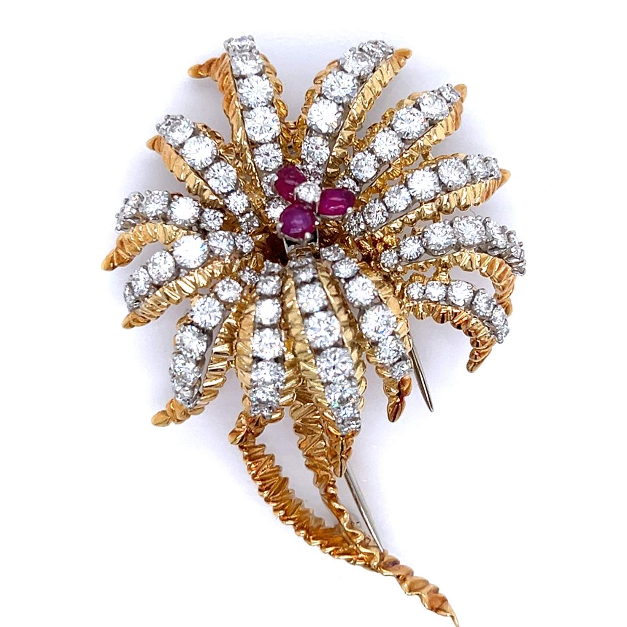 FRENCH 18K Yellow Gold Diamond & Ruby Flower Brooch