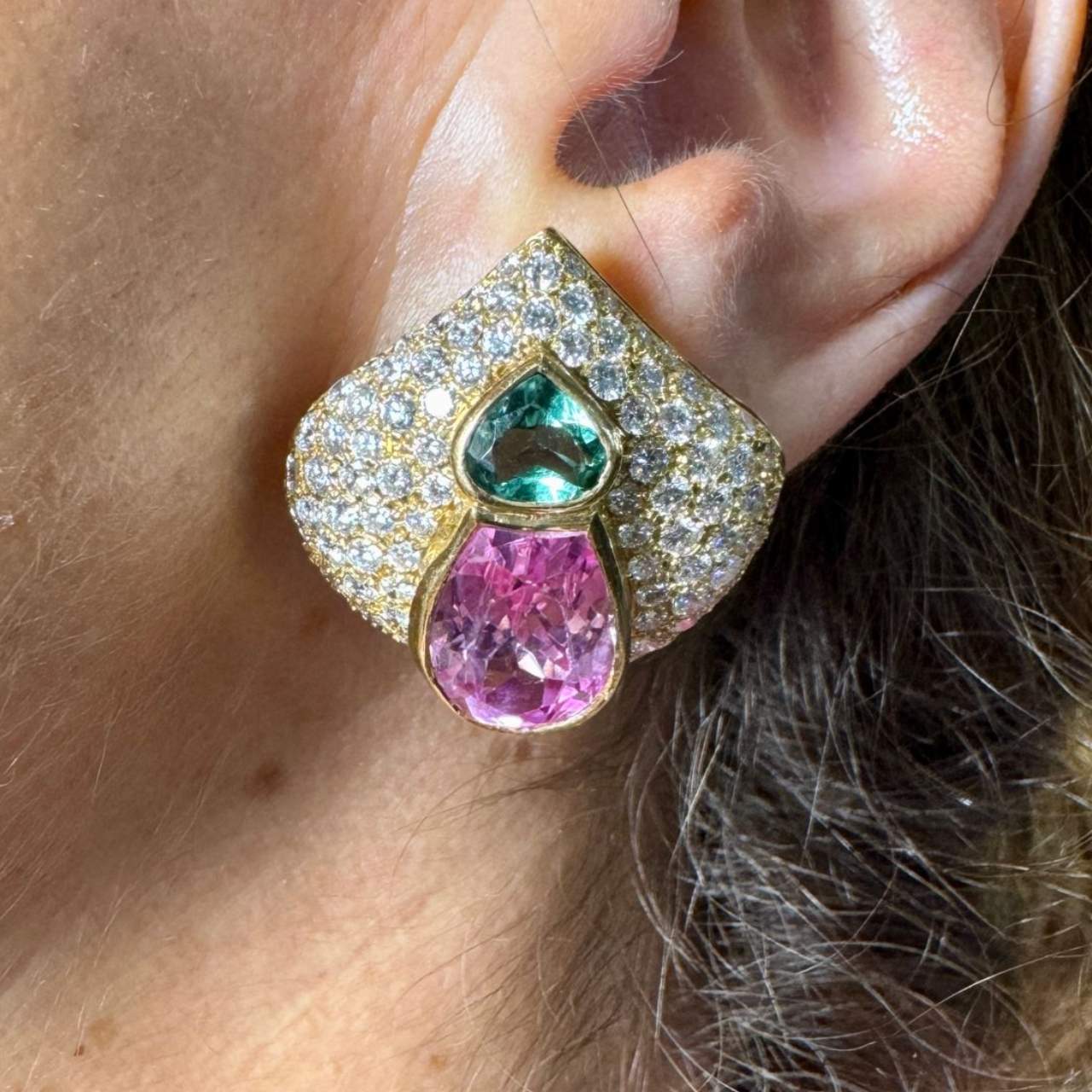 18K Yellow Gold Peridot, Kunzite, & Diamond Earrings