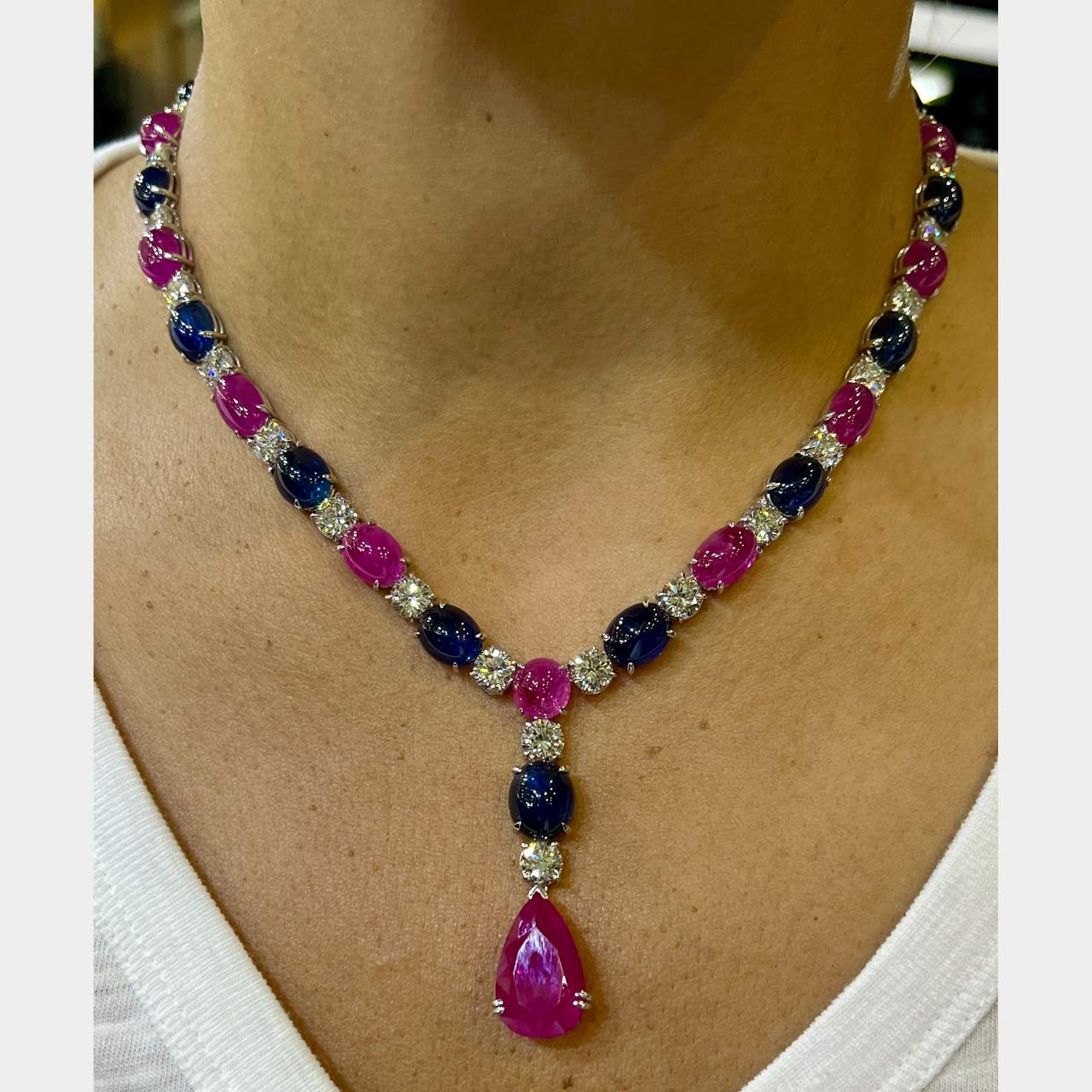 GIA Certified Pink Sapphire, Diamond, Ruby, & Sapphire Necklace