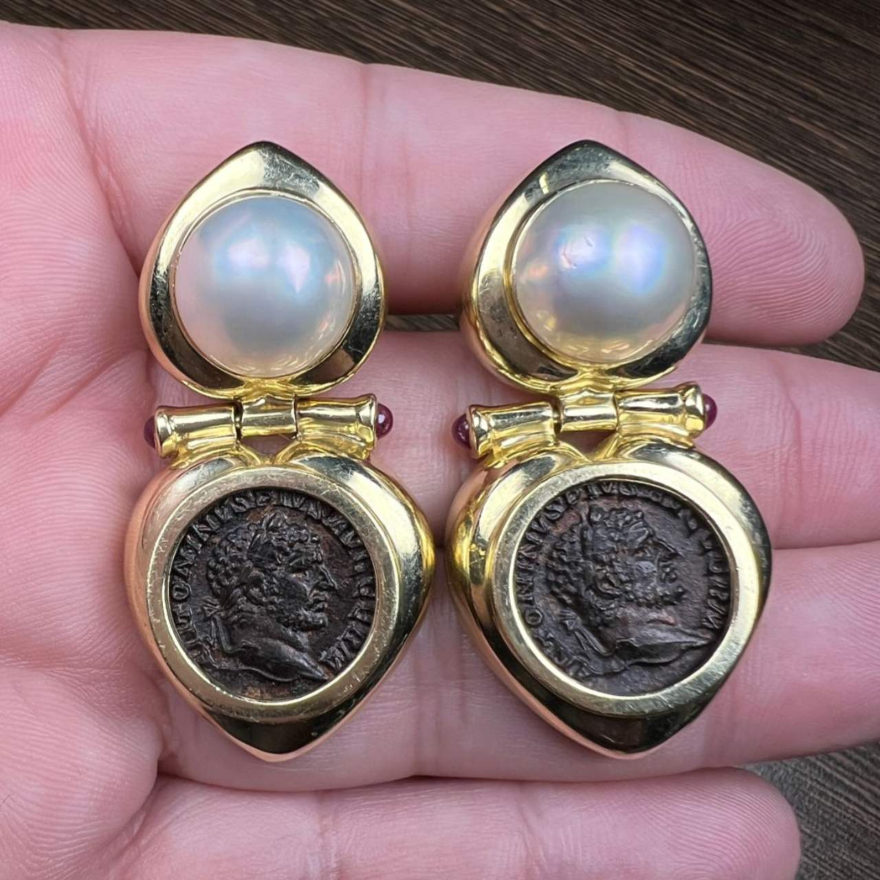14K Yellow Gold Mabe Pearl, Ruby, and Roman Coin Earrings
