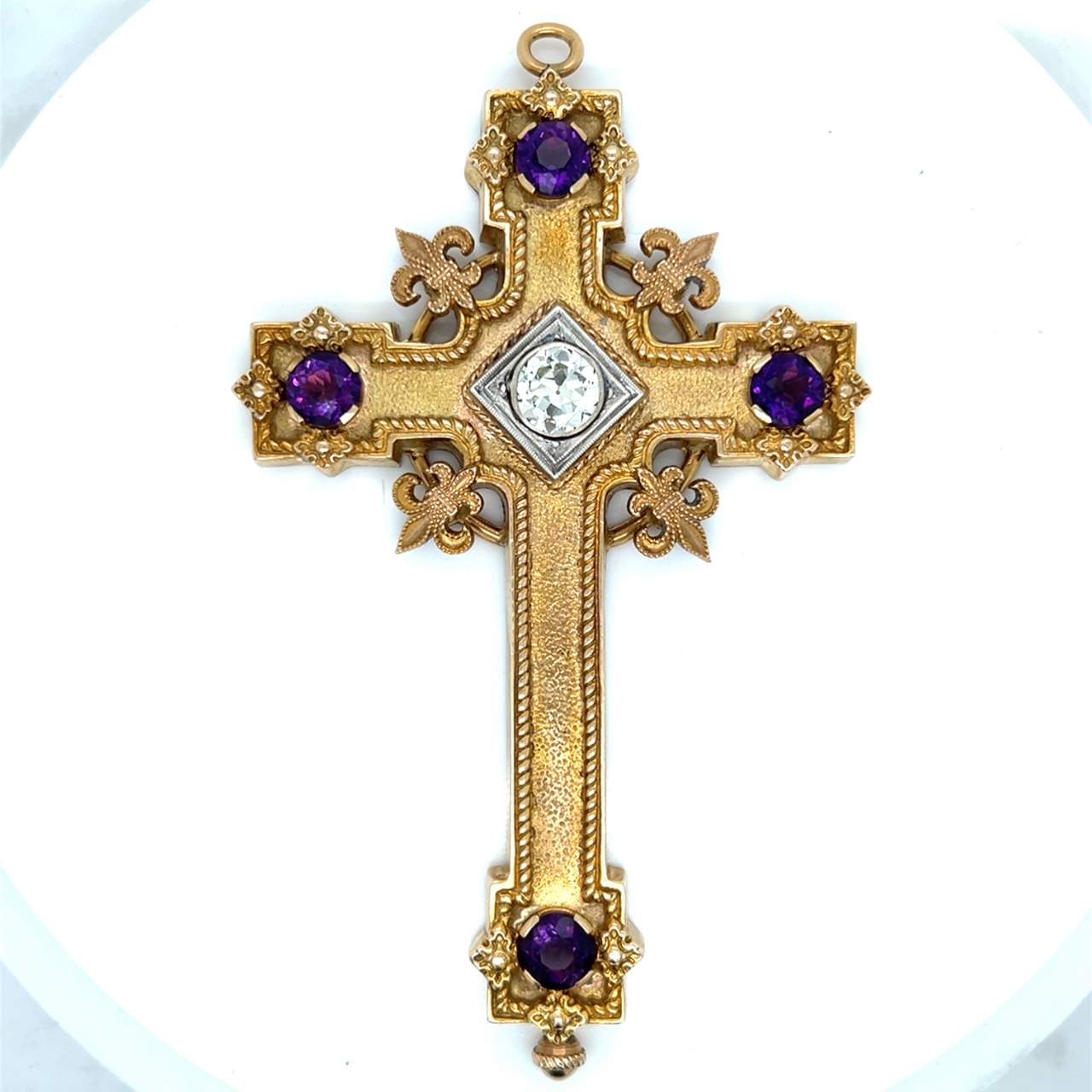 1950’s 14K Yellow Gold GIA Certified Diamond & Amethyst Cross Pendant