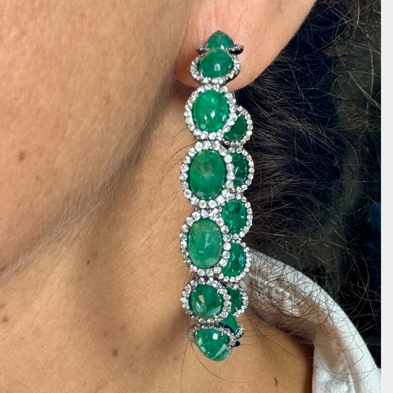 18K White Gold Emerald & Diamond Hoop Earrings