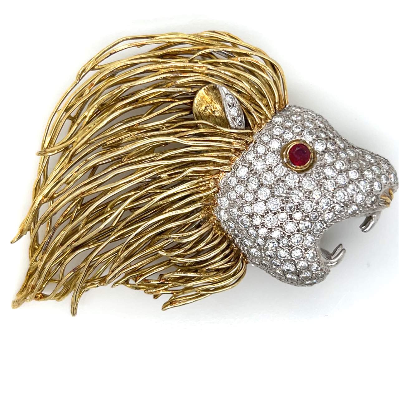 14K Yellow Gold Diamond & Ruby Lion Brooch