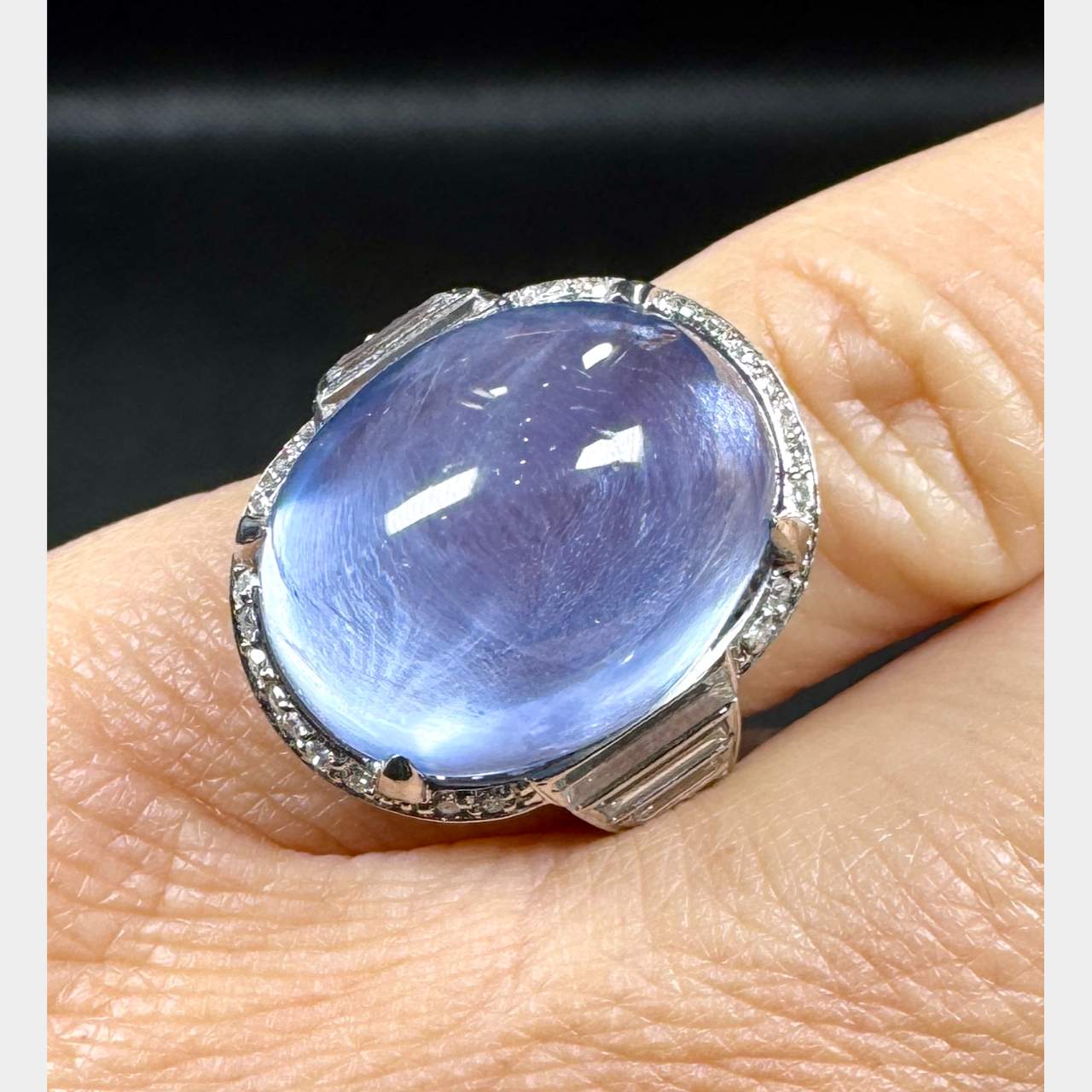 Art Deco Platinum GCS Certified 21.30 Ct. No-heat Ceylon Star Sapphire & Diamond Ring