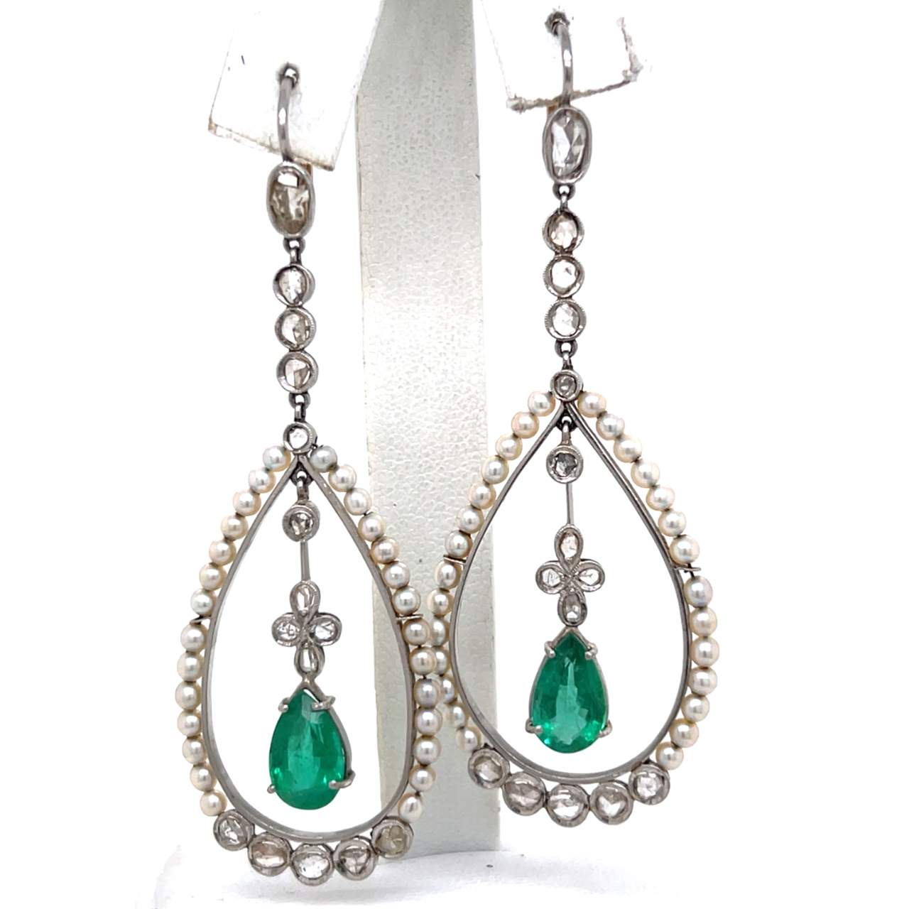 Antique Platinum & 18K Emerald Diamond and Natural Pearl Earrings