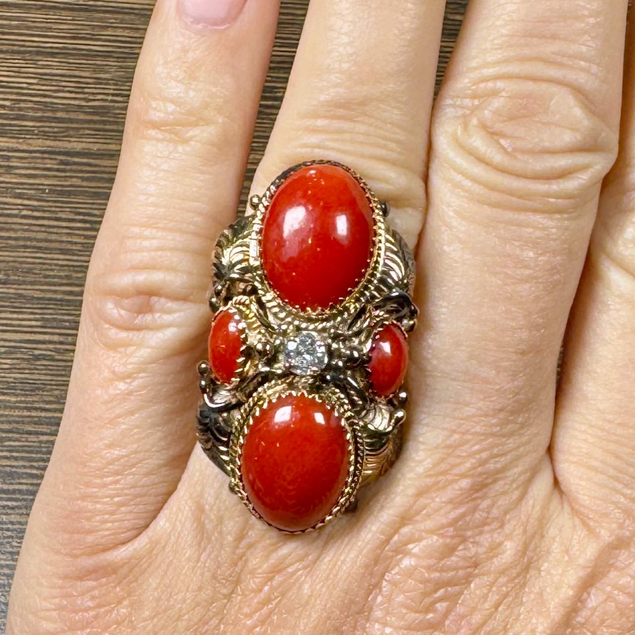 1960’s 14K Yellow Gold Coral & Diamond Ring