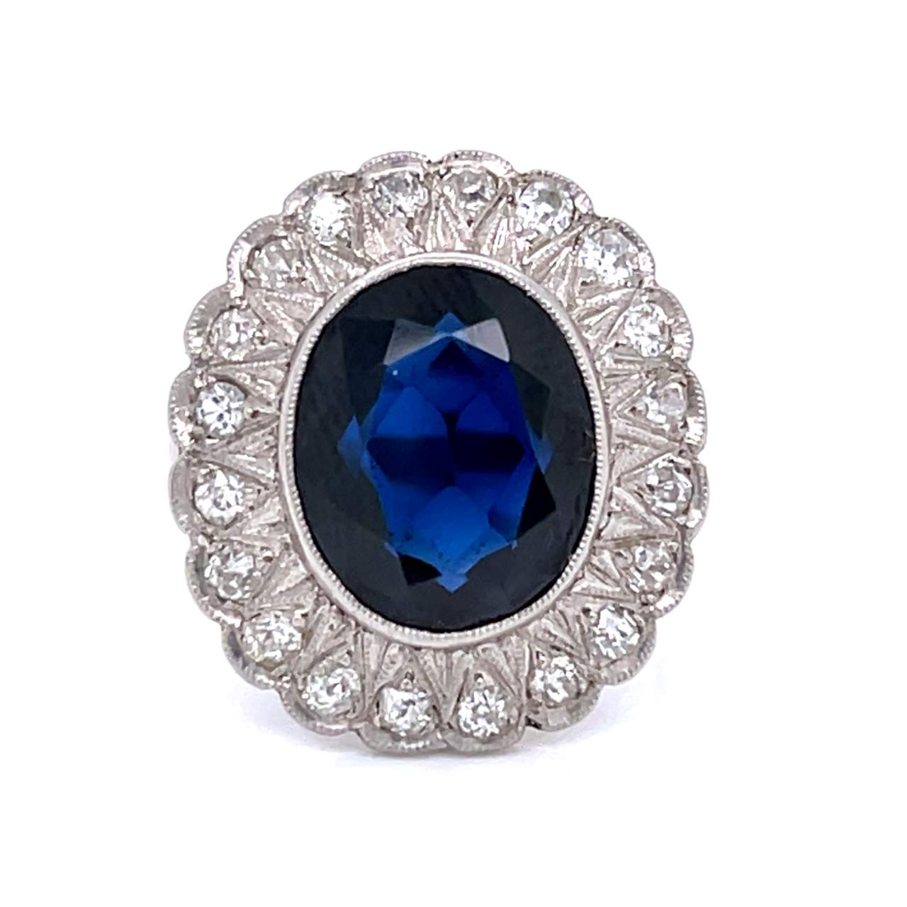 Art Deco Platinum Synthetic Sapphire & Diamond RIng