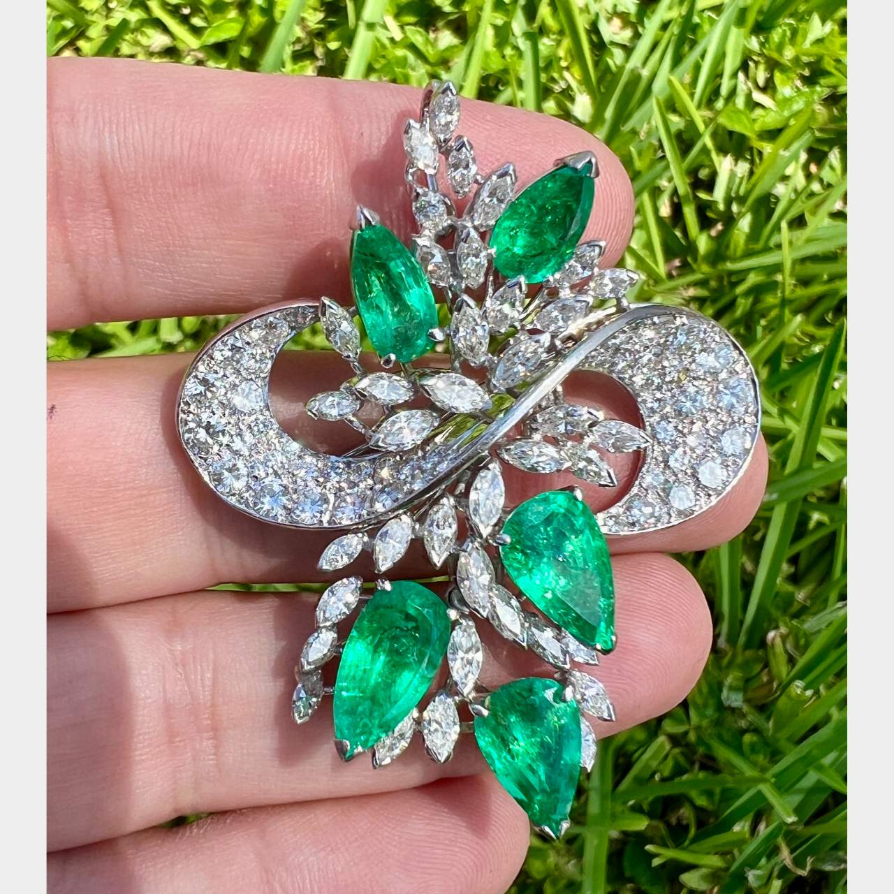 1960’s 14K White Gold Colombian Emerald & Diamond Brooch