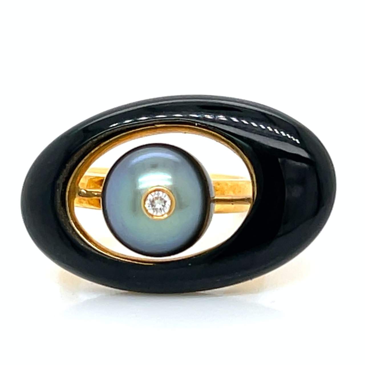 18K Yellow Gold Black Onyx, Pearl, and Diamond Ring