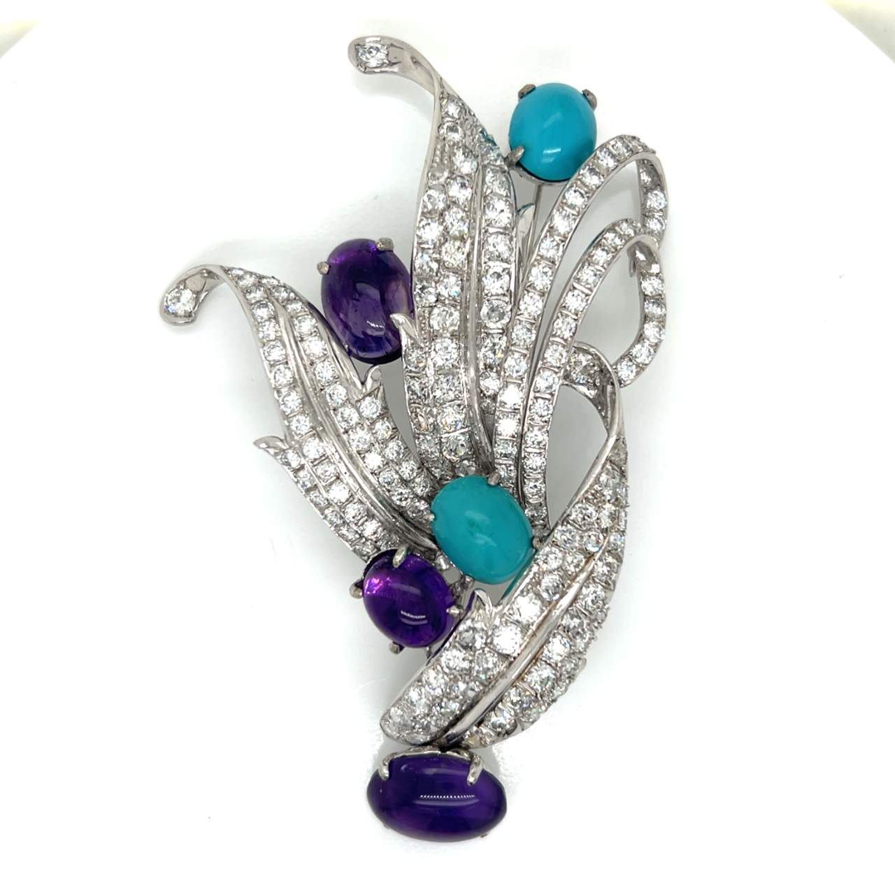 1960’s Platinum Diamond, Amethyst, & Turquoise Brooch