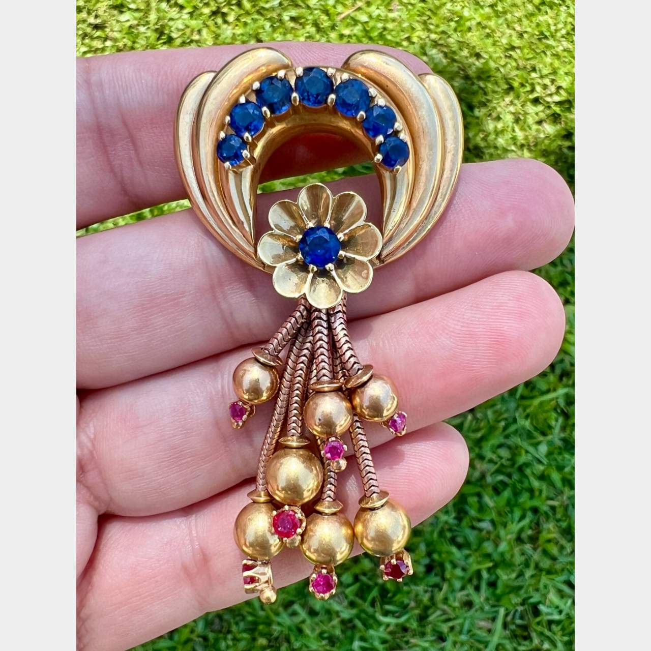Retro 18K Yellow Gold Sapphire & Ruby Brooch