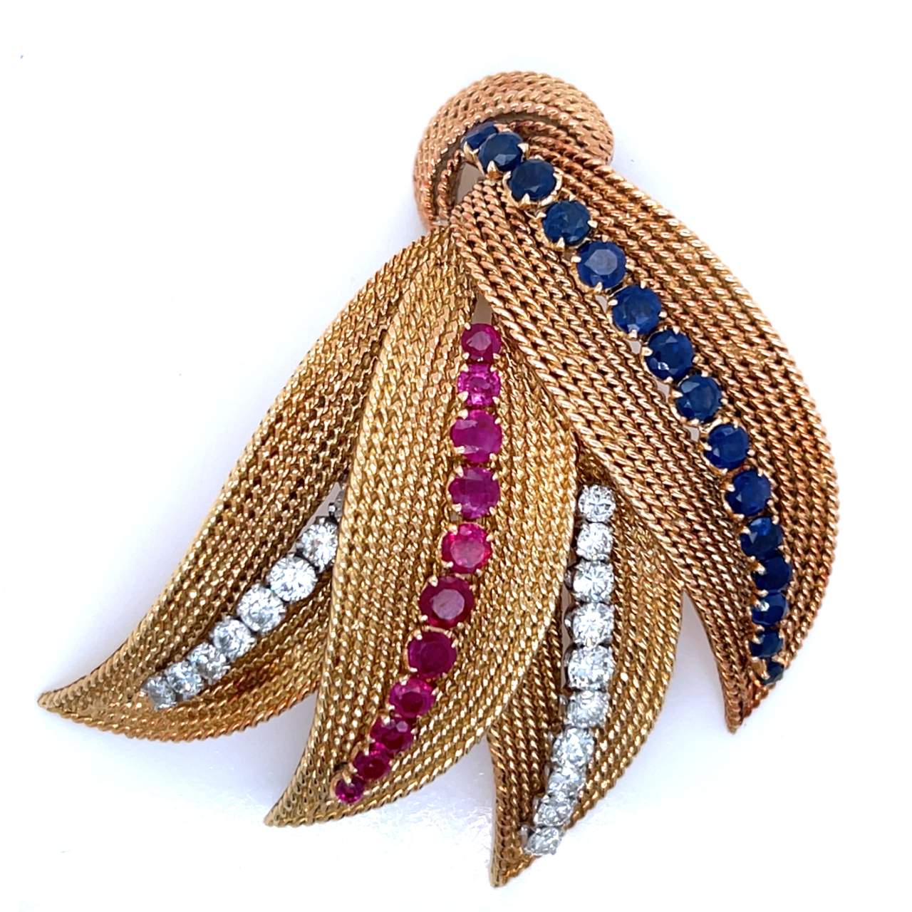 1950’s 18K Yellow Gold Burma Ruby, Sapphire, & Diamond Brooch