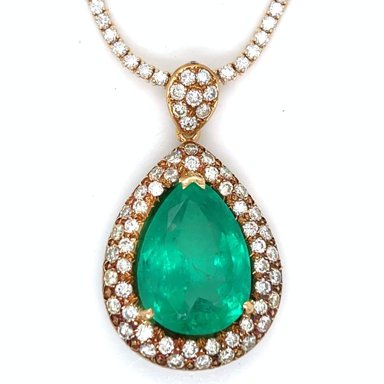 1960’s French 18K Yellow Gold SSEF Certified 15.50 Ct. Colombian Emerald & Diamond Pendant