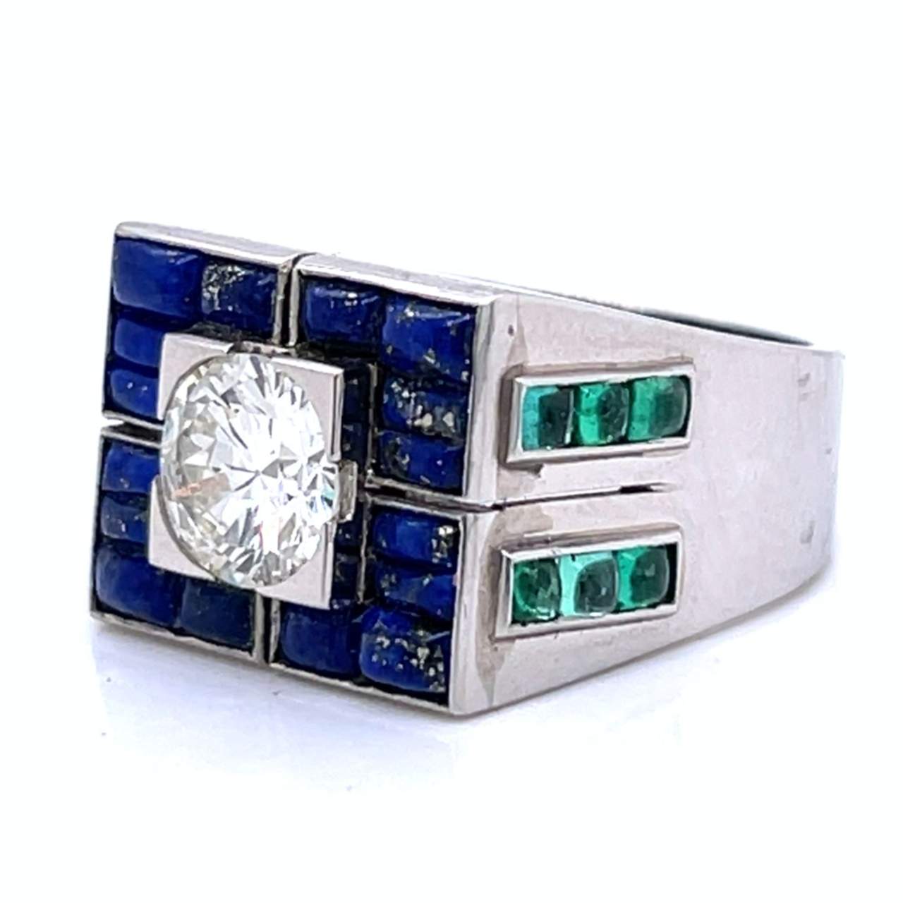 Art Deco Platinum Diamond, Emerald, & Lapis Lazuli Ring