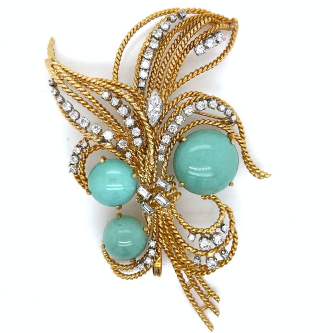1960’s 18K Yellow Gold Turquoise & Diamond Brooch