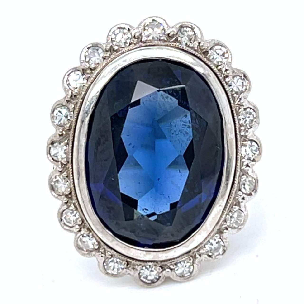 Art Deco 18K White Gold Synthetic Sapphire & Diamond Ring