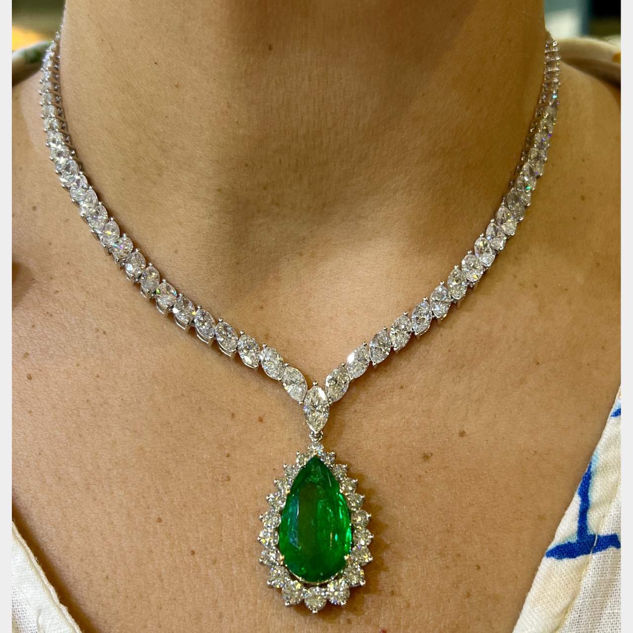 Platinum 14.12 Ct. Emerald & Diamond Pendant with Platinum 34.08 Ct. Graduated Diamond Necklace