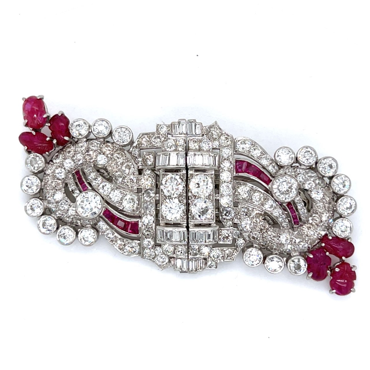 Art Deco Platinum Burma No-heat Ruby & Diamond Brooch/Clips