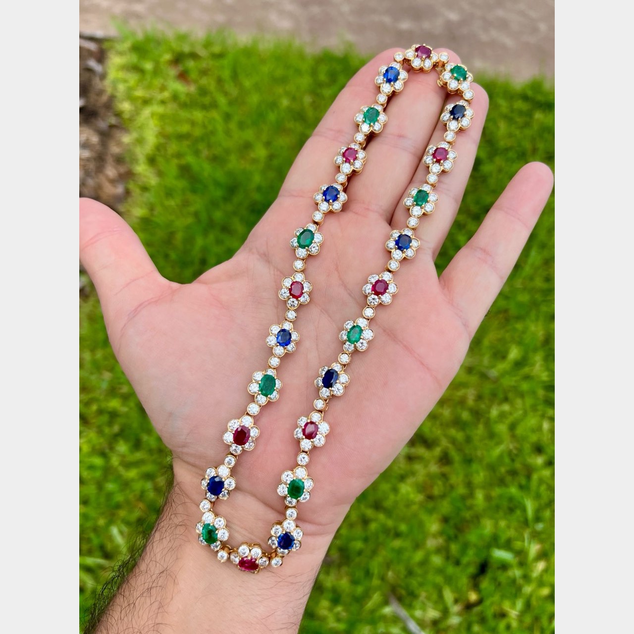 18K Yellow Gold Diamond, Ruby, Emerald, and Sapphire Necklace and Bracelet Set