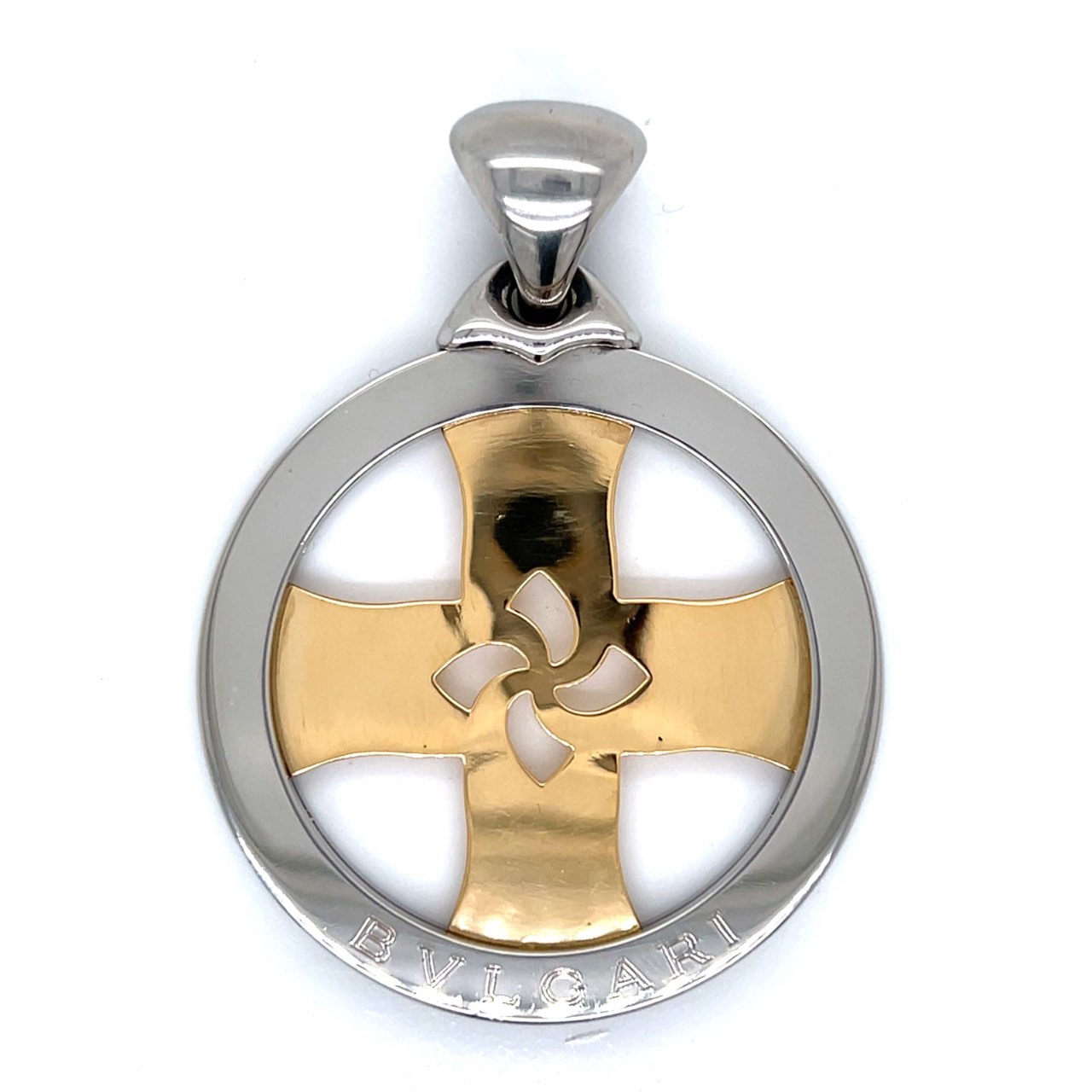 BVLGARI 18K Yellow Gold & Stainless Steel “Tondo” Cross Pendant