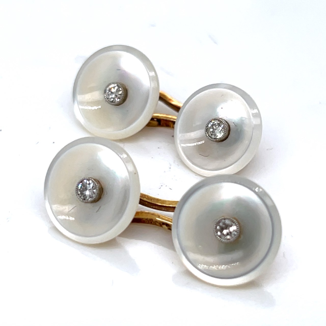 Antique Art Deco 14K Yellow Gold Mother of Pearl and Diamond Cufflinks