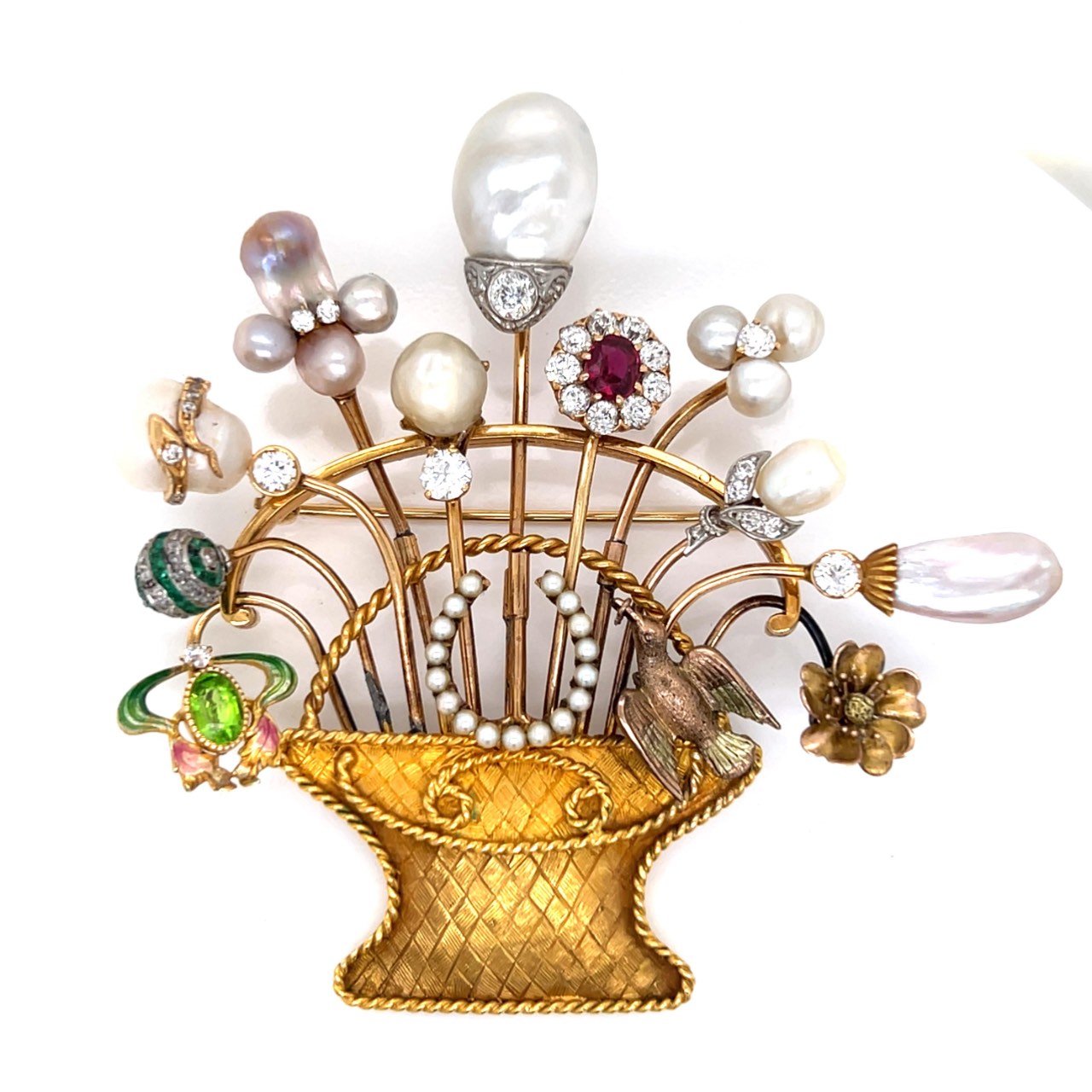 Antique 18K & 14K Yellow Gold Natural Pearl and Diamond Brooch